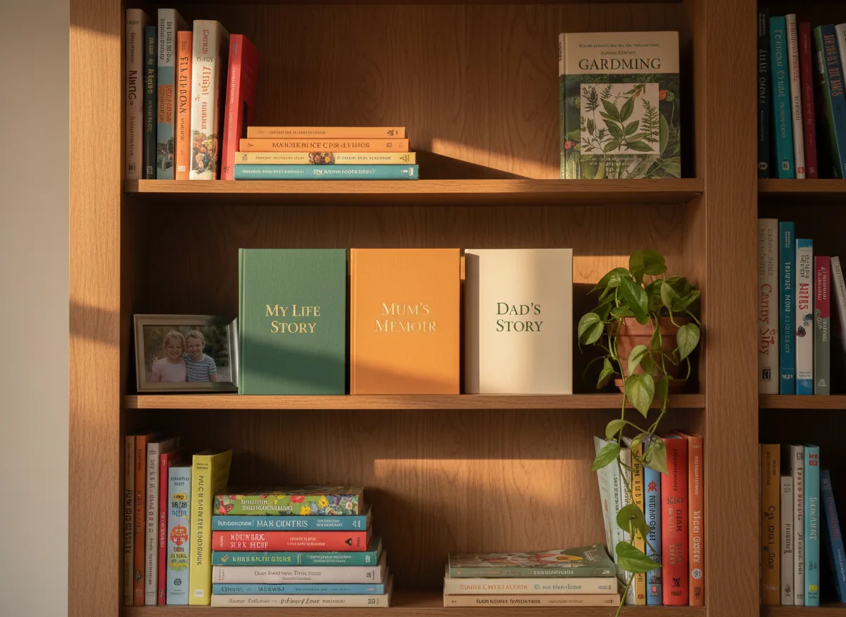 A built-in family bookshelf in warm afternoon light – three finished memoir keepsakes (a forest-green hardback titled "My Life Story", an amber hardback titled "Mum's Memoir", a cream softcover titled "Dad's Story") shelved among ordinary cookbooks, novels and a framed school photograph