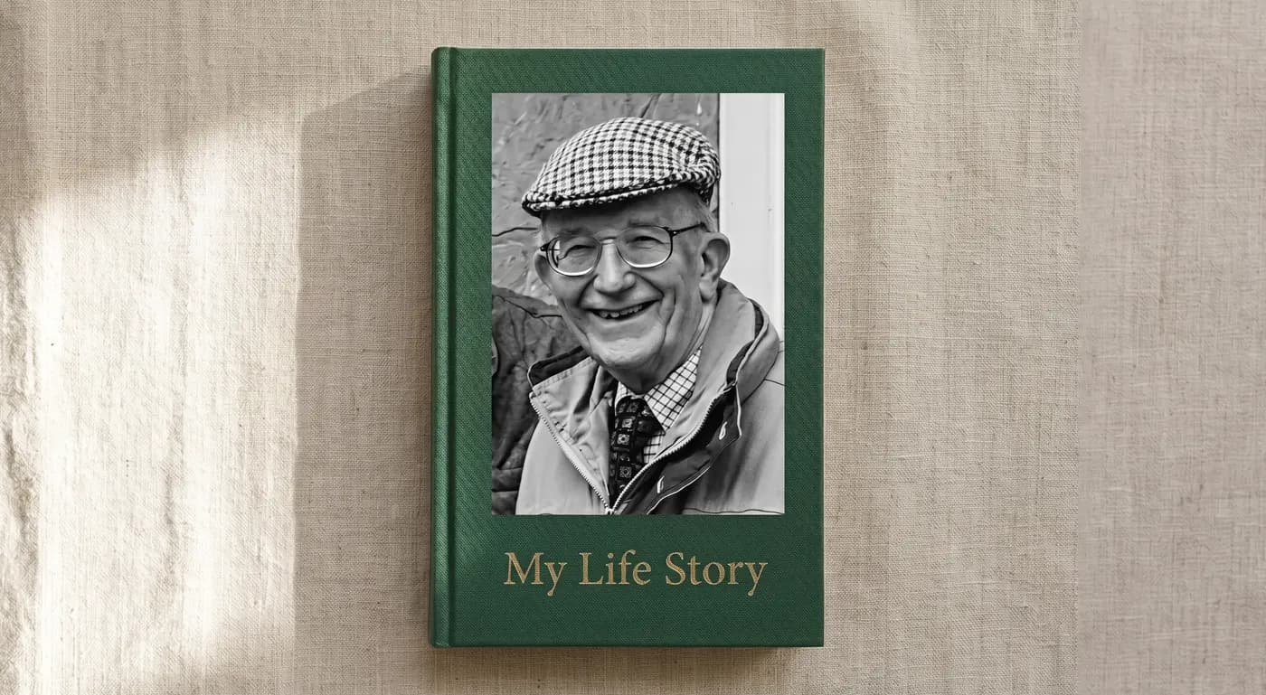 A forest-green hardback book photographed flat on warm linen – the cover carries a black-and-white photograph of an older man wearing a checked flat cap and glasses, with the title "My Life Story" foil-stamped in muted gold beneath it