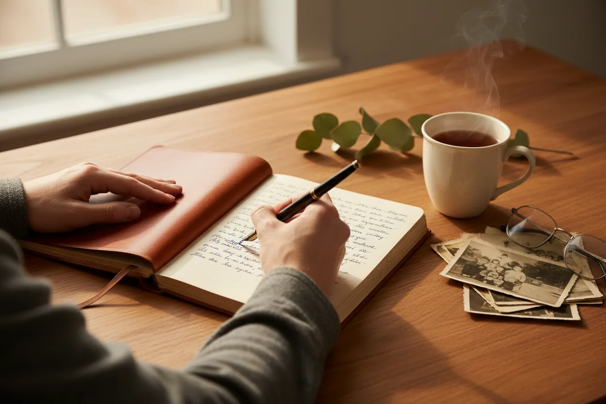 Hands writing in a leather-bound notebook at a wooden desk in soft window light, a cup of tea and a small stack of family photographs nearby