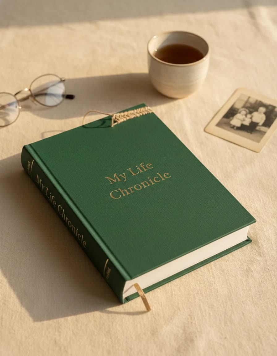 A forest-green Heirloom hardback memoir titled "My Life Chronicle" foil-stamped on the cover and spine, photographed in three-quarter view on warm linen with a cup of tea, reading glasses and a small family photograph nearby