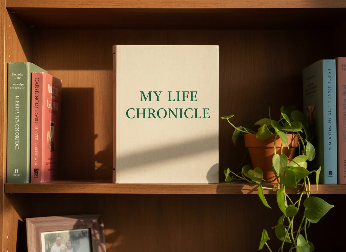 A single cream Life Story softcover memoir titled "My Life Chronicle" front-out on a domestic bookshelf, among lived-with novels and a framed family photograph