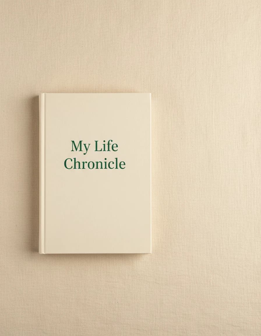 A Life Story softcover memoir titled "My Life Chronicle" photographed flat lay on warm linen – cream printed cover sitting flush flat, slim continuous spine