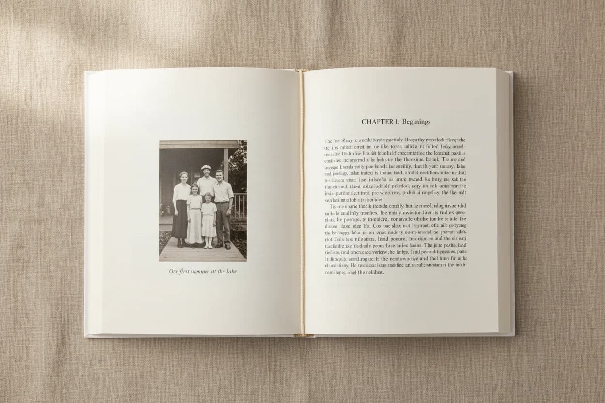 A Life Story softcover lying open on linen, showing the black-and-white memoir interior with a centred monochrome photograph on the left page and chapter text on the right