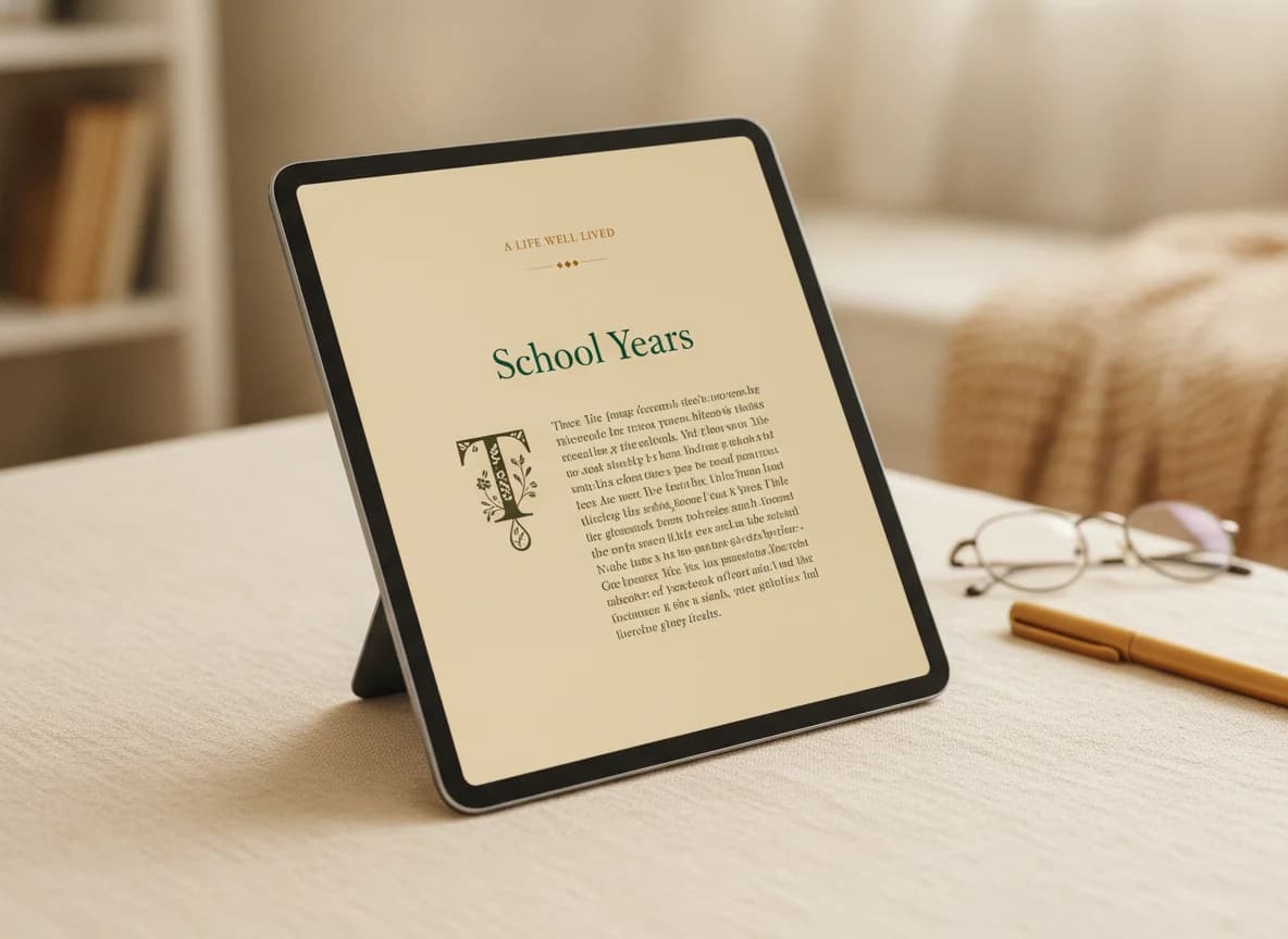 A tablet showing a Life Story chapter-opening page – a small amber label reading "A LIFE WELL LIVED", a forest-green serif heading "School Years" and formatted serif body text with a decorative drop-cap initial