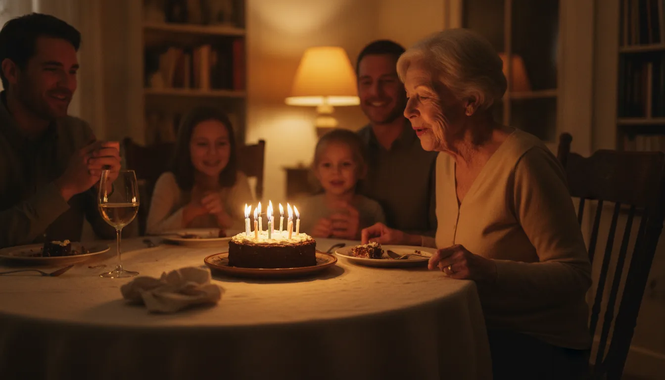 A woman in her early seventies about to blow out birthday candles at a kitchen table, family gathered around her in warm candlelight – meaningful 70th birthday gift ideas